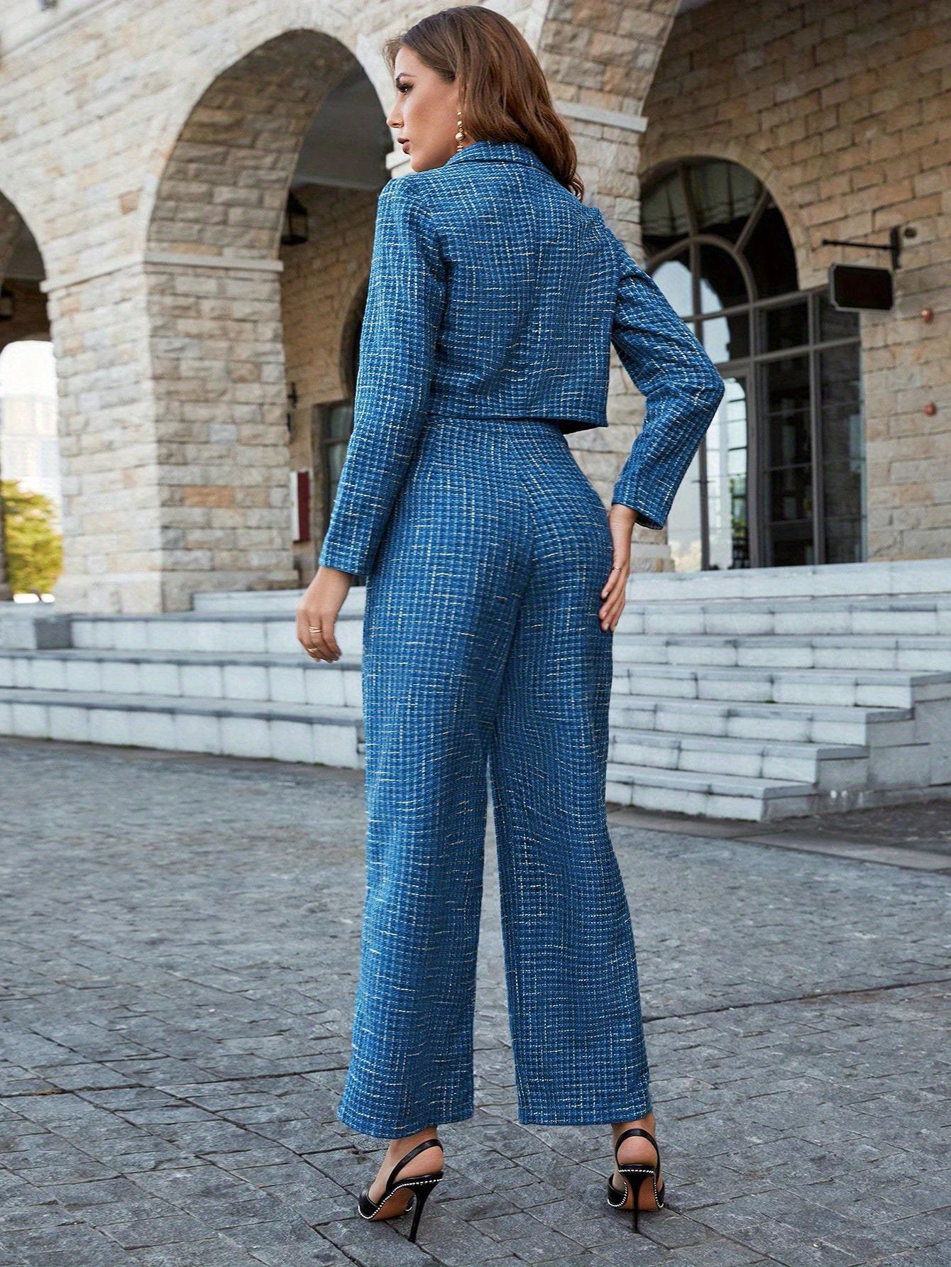 2pcss Women Elegant Set - Plaid Printed Double-Breasted Long Sleeve Blazer Jacket & Loose Fit Trousers 2pcs Set