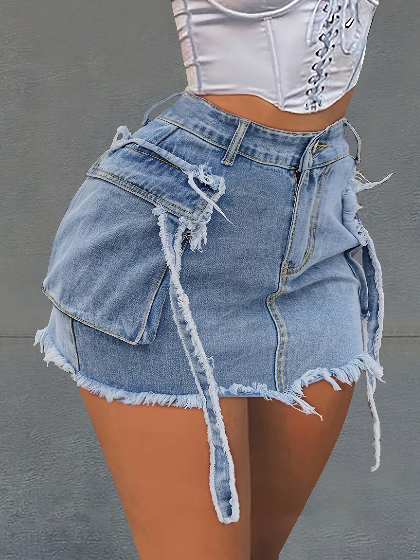 High-Waist Blue Denim Skirt with Frayed Hem & Flap Pockets - Stretchy, Comfortable, Street Style Summer Women’s Jean Overskirt, Jean Skirt