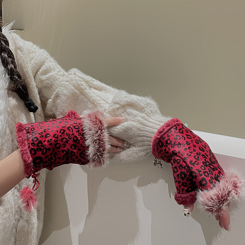 1 Pair of Plush Leopard Print Fingerless Mittens for Women - Cozy & Warm Knit Gloves with Adjustable Lace-Up Wrist, Vintage Harajuku Style, Machine Washable for Autumn/Winter Elegance