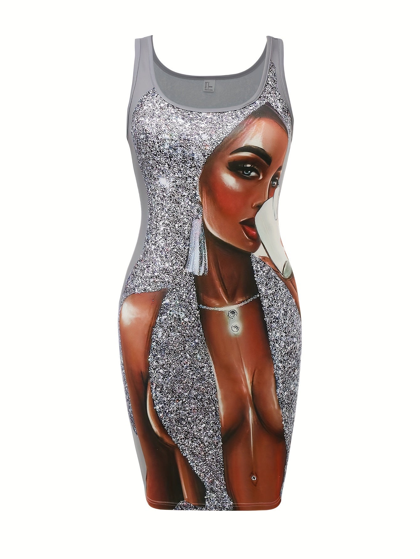 Vibrant Figure-Hugging Square Neck Tank Dress - Soft Dacron & Spandex Blend, Mid-Elastic, Machine Washable, Portrait Print, Young Style, Customized Bodycon Dress for Women - Perfect for Spring/Summer Season