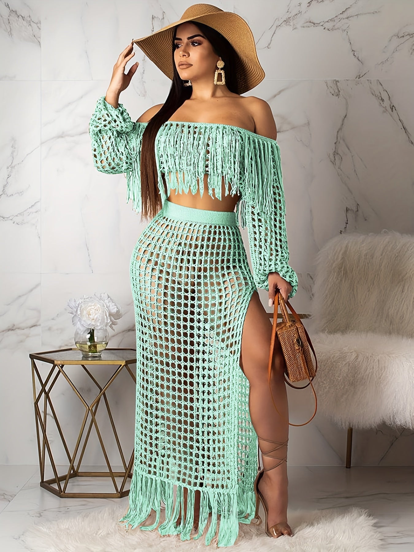 Tassel Trim Hollow Out Sexy Set - Crop Off Shoulder Long Sleeve Top & High Slit High Waist Maxi Skirt - Women's Clothing - For Women - Perfect for Parties & Night Out - Ideal Gift for Her