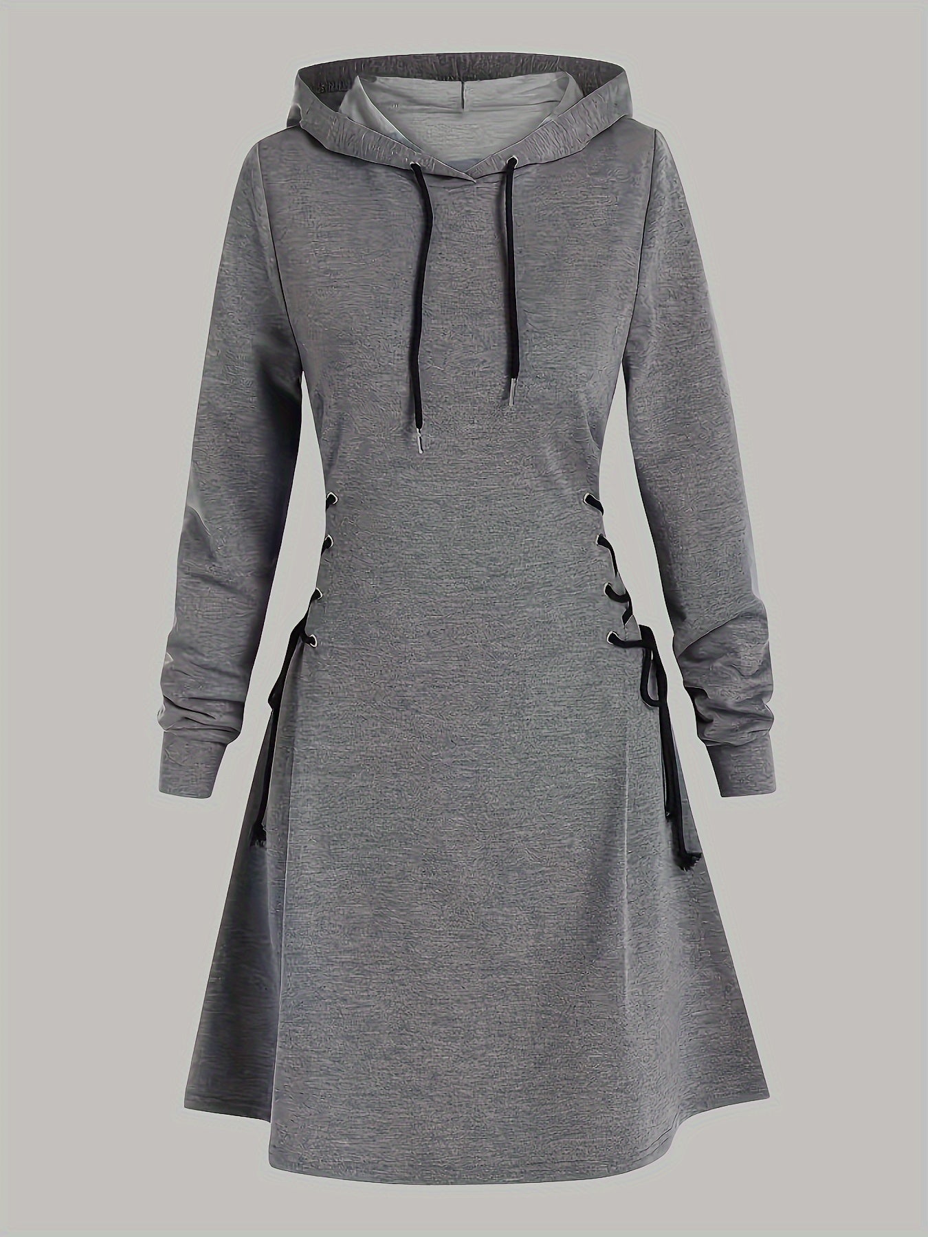 Elegant Hooded Sweatshirt Dress with Drawstring and Knee-Length Skirt - Polyester Knit Fabric, Long Sleeve, Spring/Fall Adult Fashion Dress