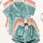 3-Piece Women's Satin Pajama Sets – Short Sleeve Lapel Top & Elastic Waist Shorts, Soft Loungewear Sleepwear Set