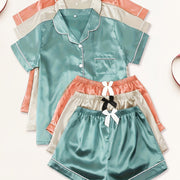 3-Piece Women's Satin Pajama Sets – Short Sleeve Lapel Top & Elastic Waist Shorts, Soft Loungewear Sleepwear Set
