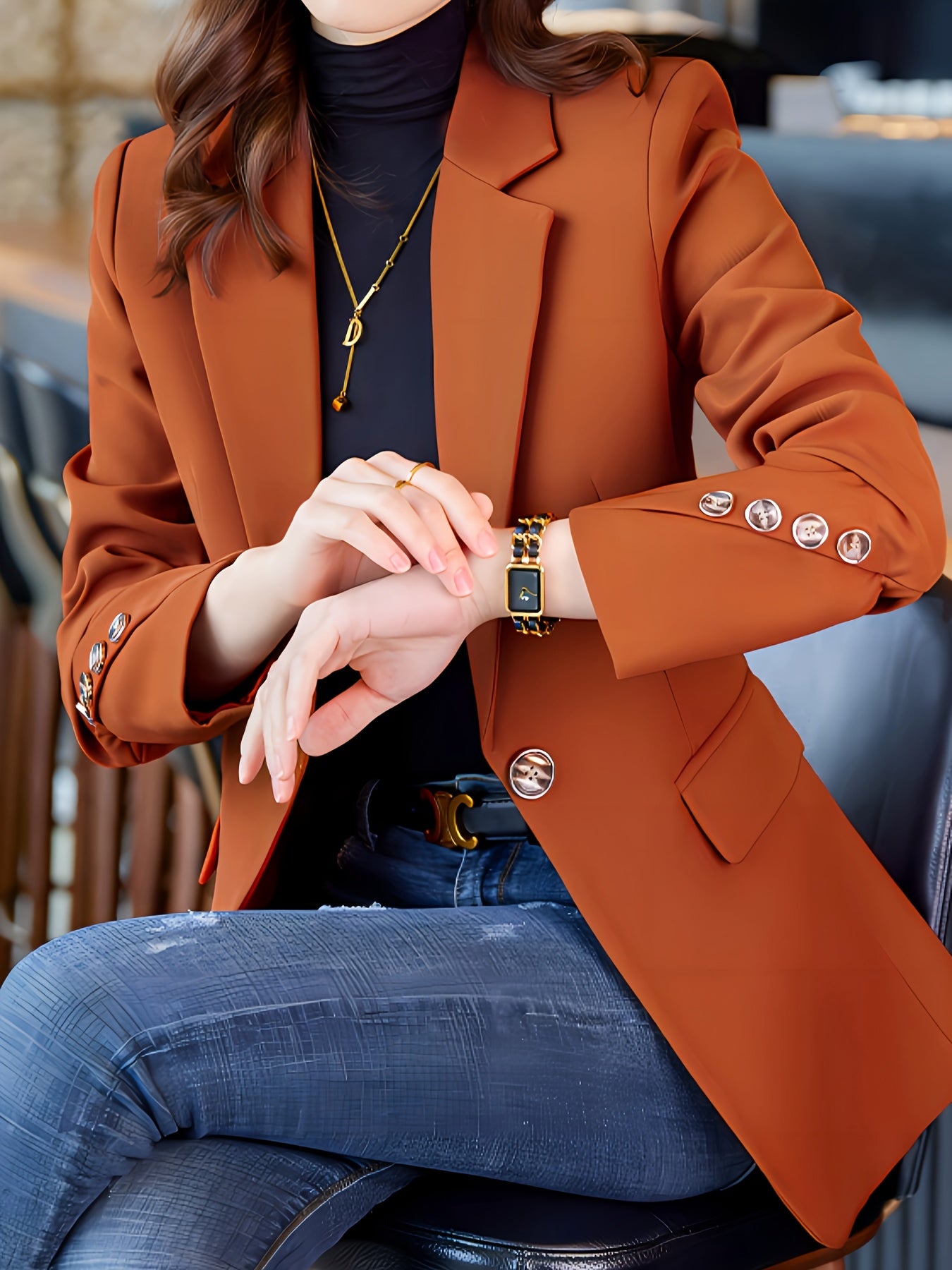 Elegant Long Sleeve Notched Collar Button Front Blazer for Office & Work, Women's Clothing