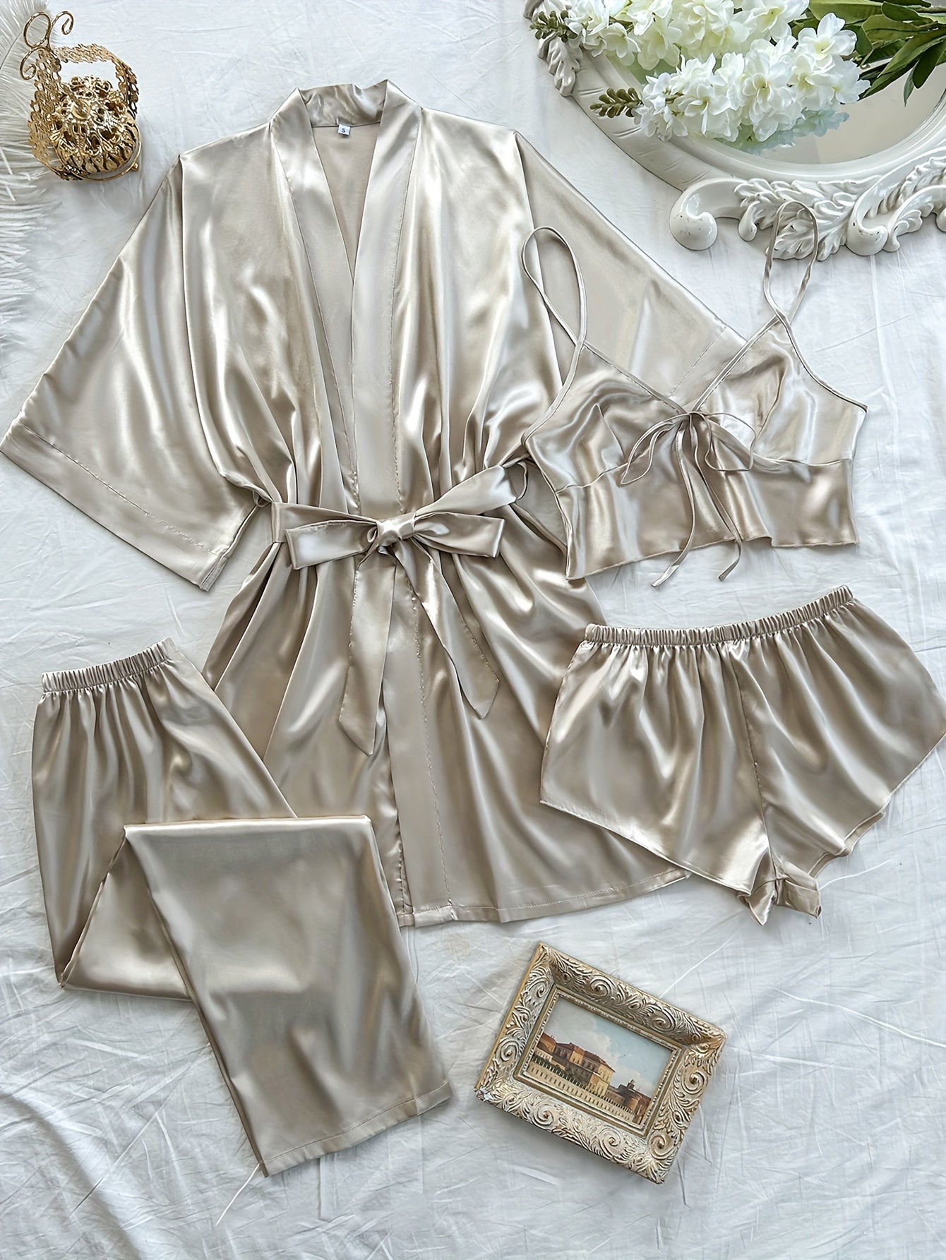 Women'S V-Neck Sexy Comfortable Robe Set with Mini Spaghetti Strap Shorts and Long Pants, Four Pieces