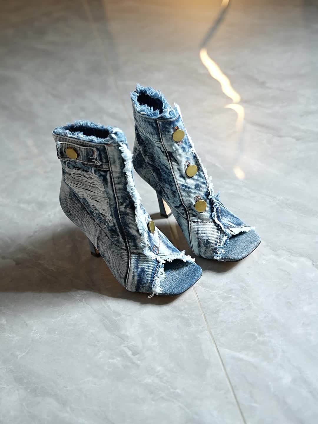 [Elegant High Heels] Elegant Women's Blue High Heels - Four Seasons New Fashionable Retro Square Head Exposed Toe Western Style Thin Ankle High Heels