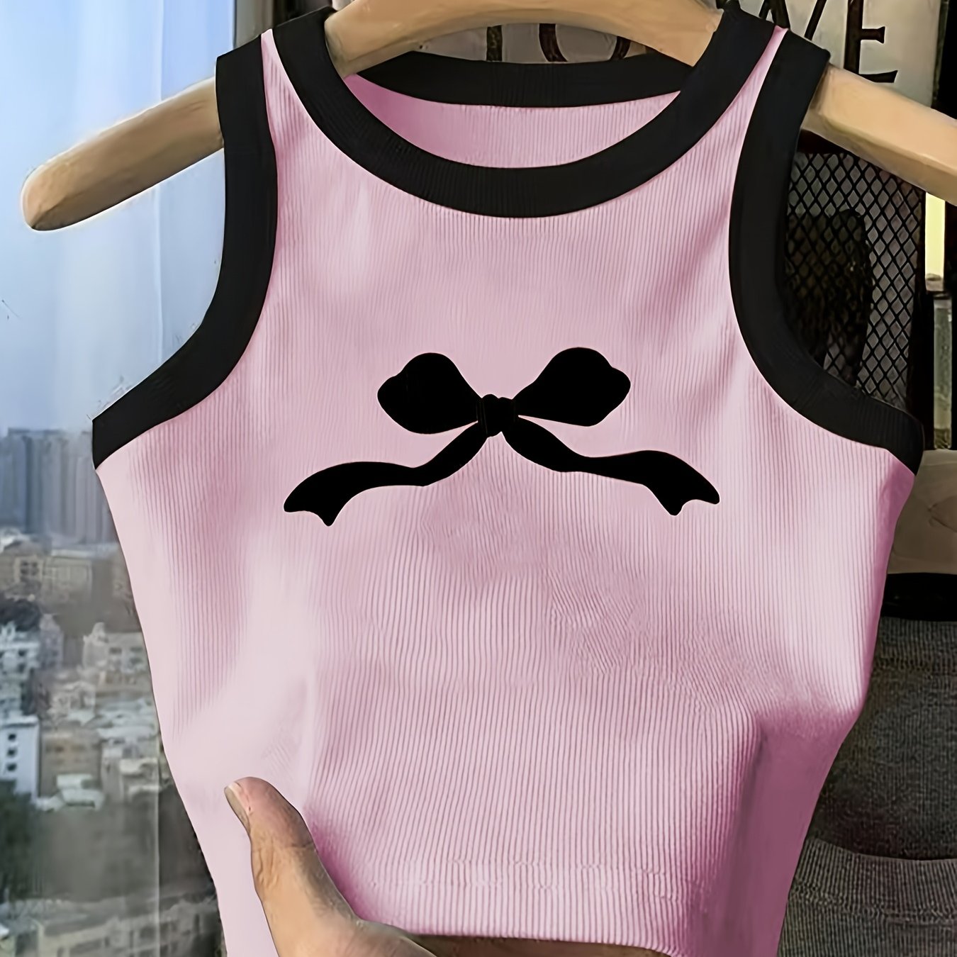 Teenage Girls' Cute Bow Print Tank Top, Simple Fashion for Casual Wear