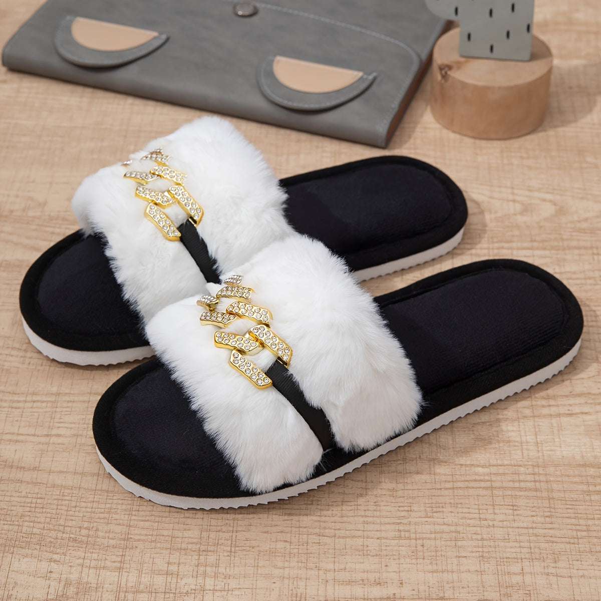 Women's Slip-On Indoor House Slippers with Faux Rabbit Fur & Golden Chain Accents - Non-Slip EVA Sole, All-Season Comfort, Black/White Two-Tone Design for Home Floor Protection, Slippers Indoor