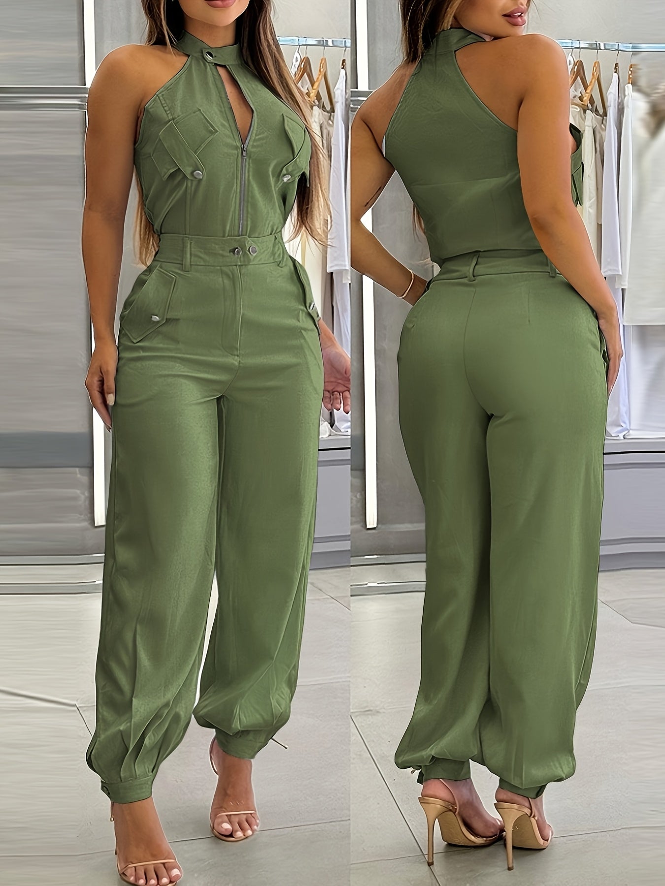 2pcs Outfits Sleeveless High Neck Cargo Pockets Design Top And Casual Cuffed Long Pants Set