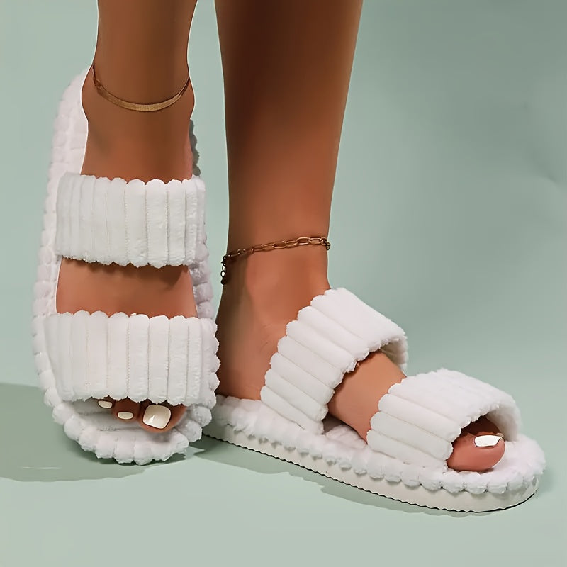 Elegant Women's Plush Slippers with Warm Lining - Striped Open Toe, Non-Slip EVA Sole, Cozy Indoor Comfort