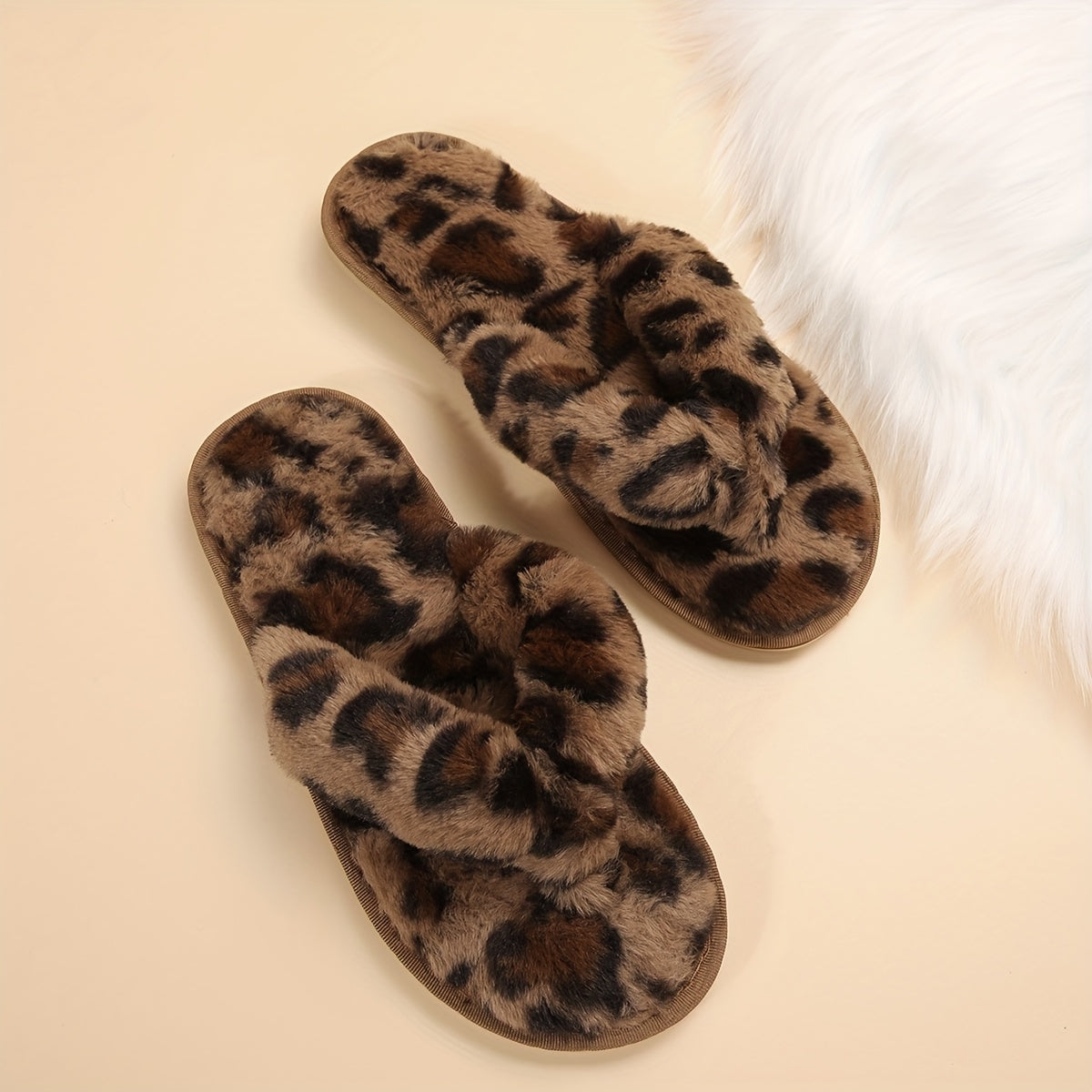 Women's Plush Leopard Print Slip-On Slippers - All-Season Indoor House Shoes with Soft Fabric Upper & TPR Sole, Cozy Animal Design for Home Comfort, Slipresistant Footwear | Playful Footwear, Ladies Slippers