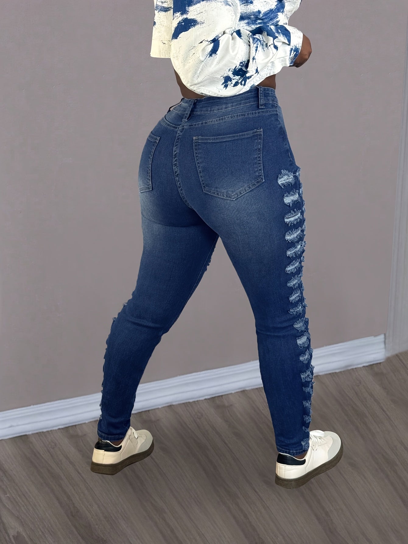 Women's Mid-Rise Ripped Skinny Jeans with Slanted Pockets - Stretch Denim, Distressed Blue Design, Fashionable for Casual Attire, Parties, and Music Festivals, Festival Clothing | Highquality Denim