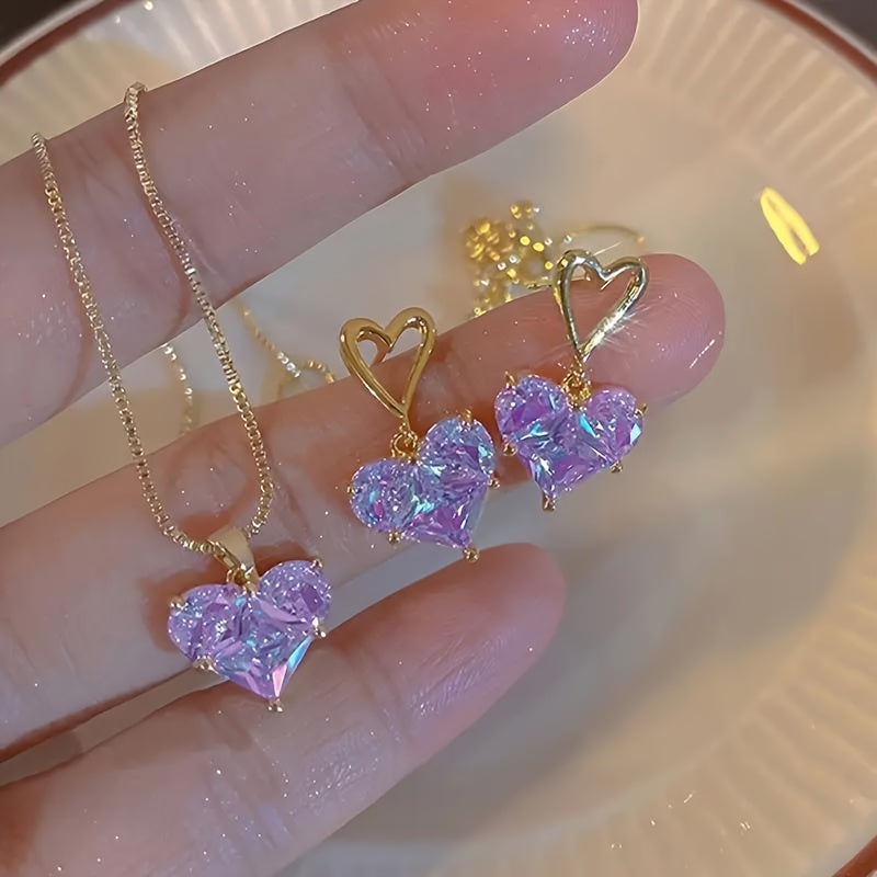 3pcs Y2K-Inspired Pink Heart Bling Jewelry Set - Sparkling Earrings and Necklace, Perfect for Daily Wear, Dates, Vacations & Parties, Date Night Jewelry|Heartshaped Bling|Goldtone Alloy, Jewelry & Accessories
