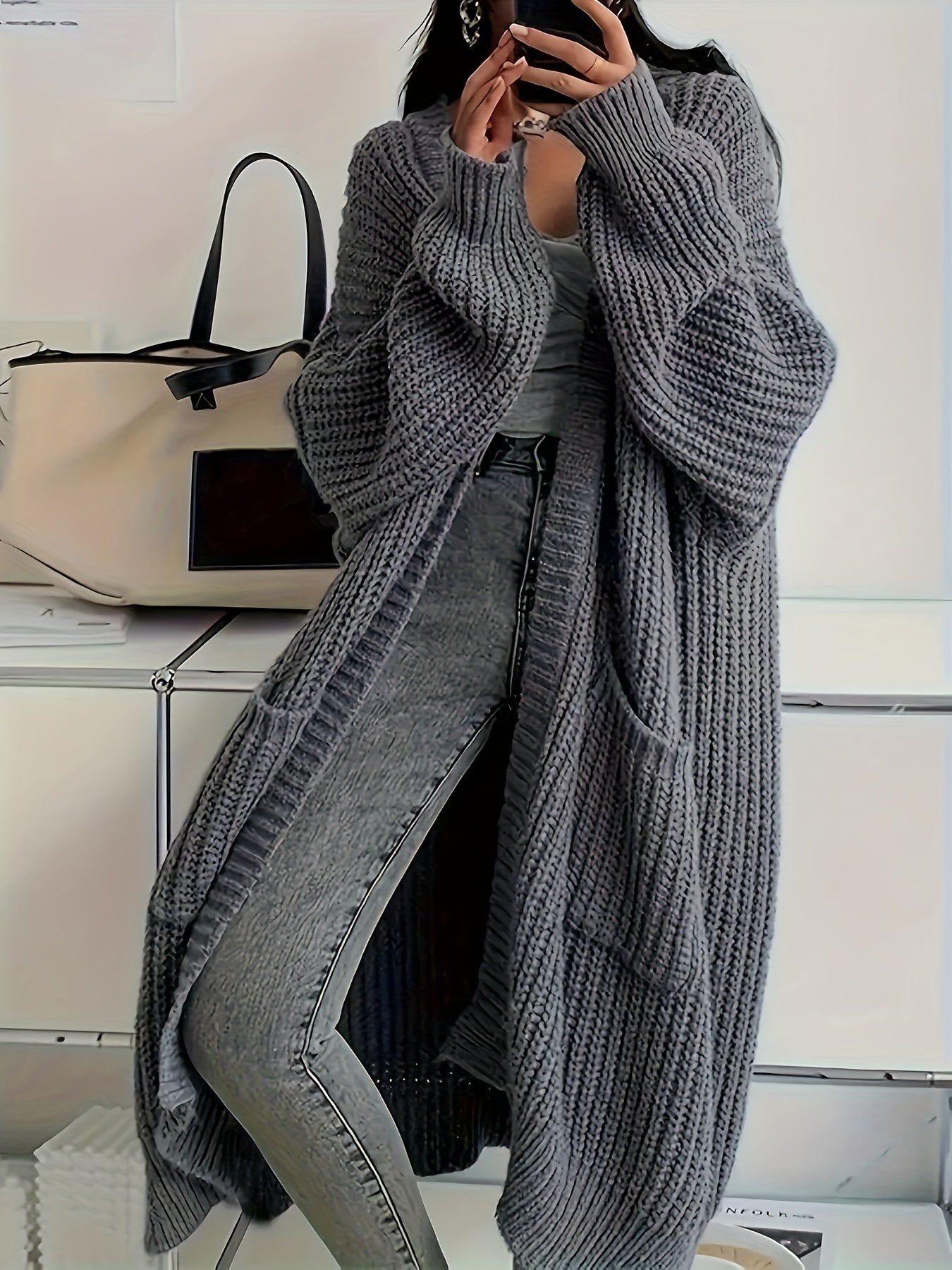 Elegant Open Front Solid Cardigan, Long Sleeve Midi Cardigan For Fall & Winter - Women's Clothing - Soft & Cozy Fabric - Perfect for Casual & Formal Occasions - Ideal Gift for Women