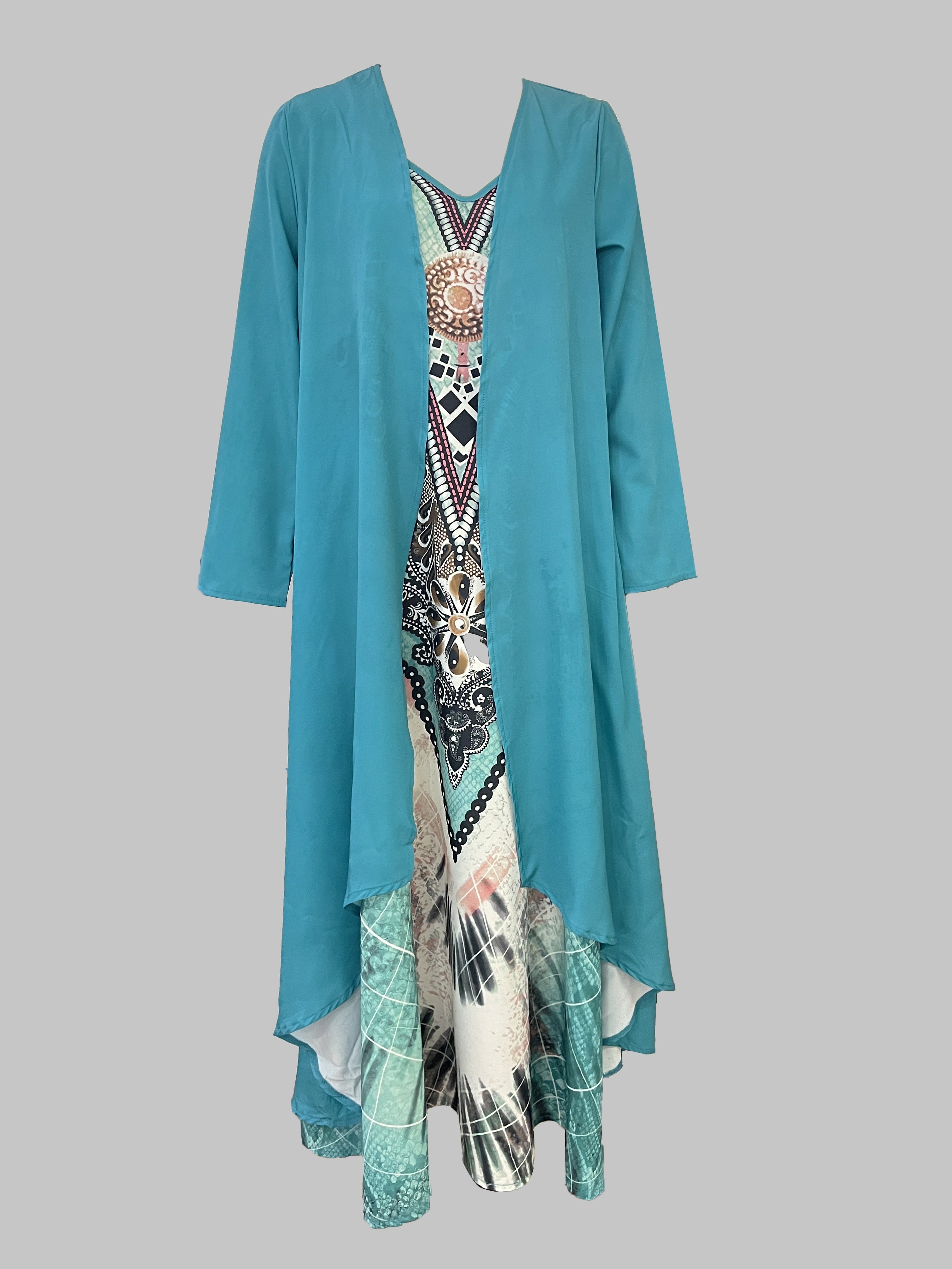 Women's Boho-Chic Two-Piece Ensemble - Long Sleeve Kimono Top & V Neck Cami Maxidress with Exotic Graphics, Perfect for Diverse Occasions