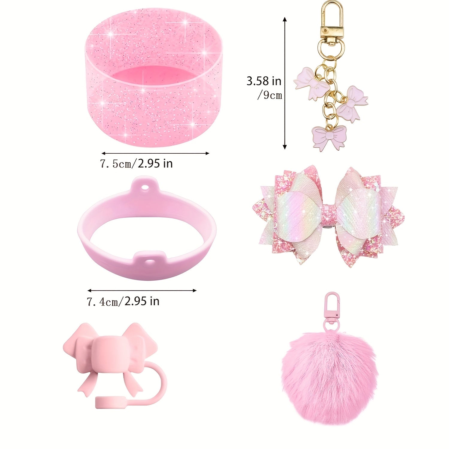 8pcs Bling Silicone Accessories for 30oz 40oz Tumbler Cup, Including Silicone Bow Straw Topper Cover, Protective Silicone Boot, Leather Water Bottles Handle Strap