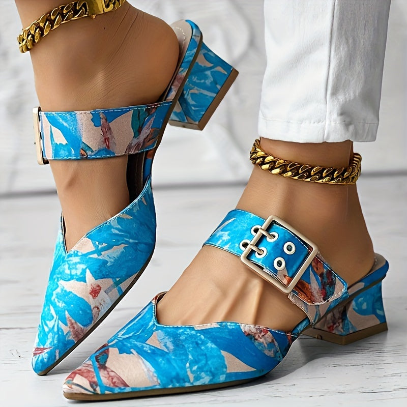 Chic Guangdong-Inspired Women's Sandals with Unique Print, Slip-On Pointed Toe Mid-Heel Shoes - Faux Cover & PVC Sole