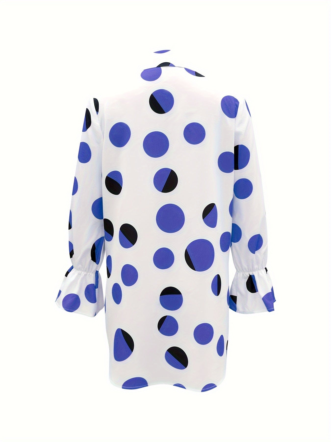 Long Sleeve Elegant Polka Dot Print Shirt - Loose Fit, Dipped Hem, Slit Hem, Machine Washable, Random Printing - Perfect for Spring, Summer, and Fall Seasons