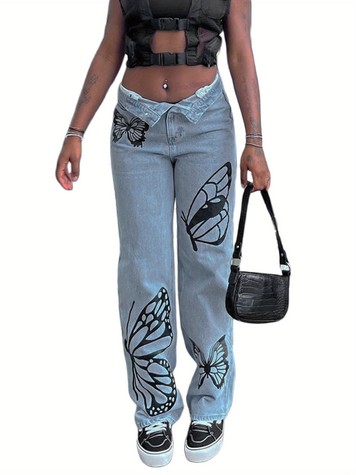 Womens Straight Leg Boyfriend Jeans, High Waist Butterfly Print Loose Denim Pants
