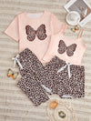 Women's Leopard Butterfly Print Casual Pajama Set, Short Sleeve Round Neck Top & Crop Cami Top & Pants & Shorts, Comfortable Relaxed Fit
