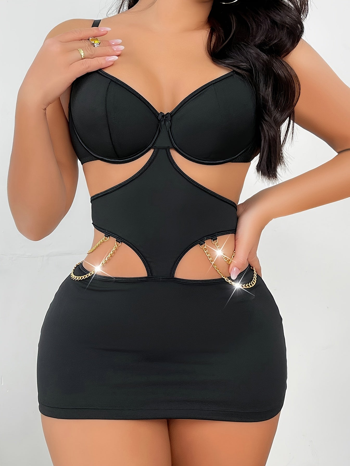 Black Halter Neck Bodycon Dress with Chain Cutout Sexy Pure Desire Style for Women 23999