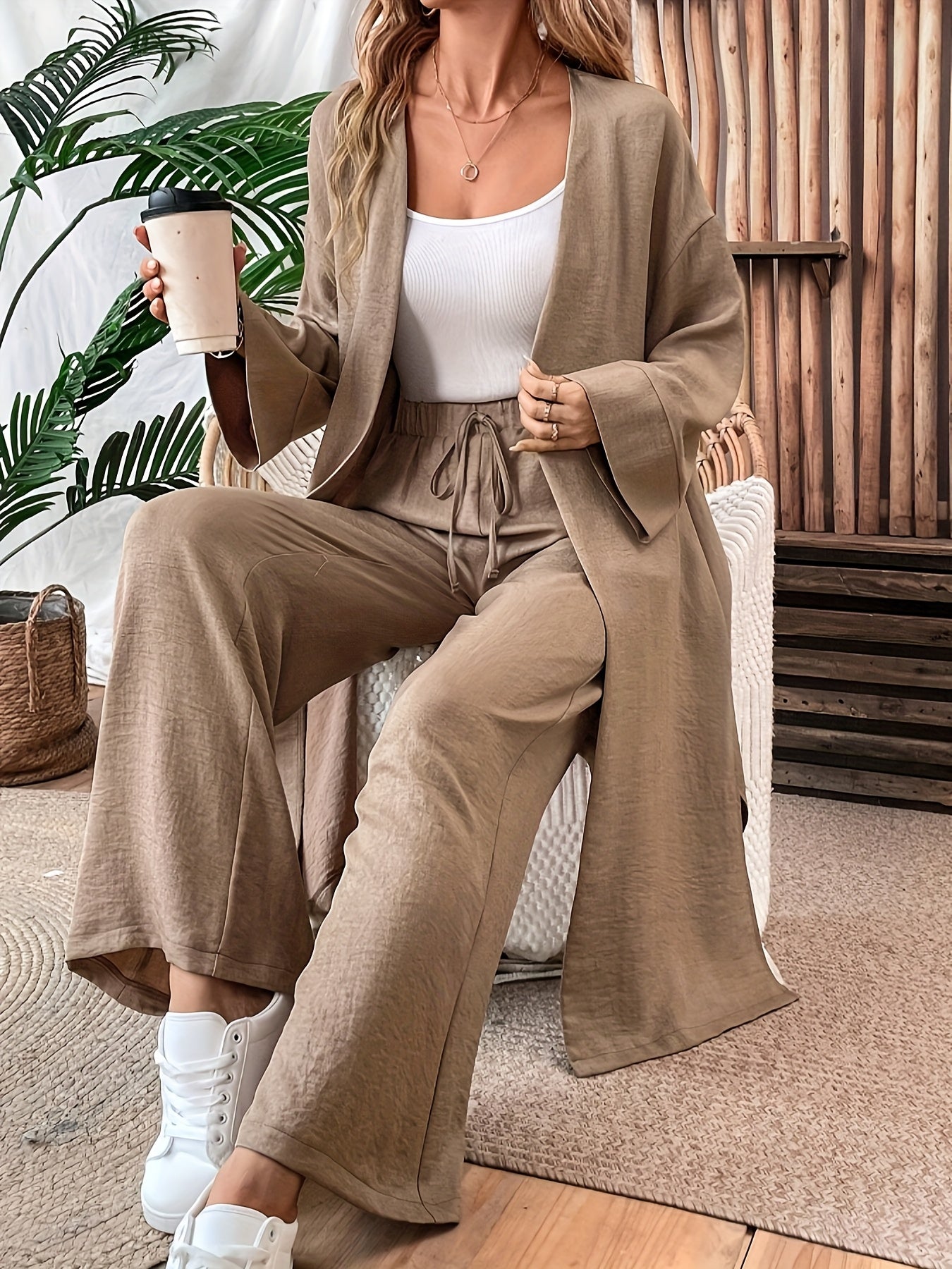 Women'S Loose Long Coat And Versatile Wide-Leg Pants Casual Two-Piece Suit
