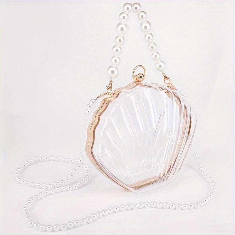 Casual Acrylic Pearl Beaded Shell Crossbody Bag with Removable Strap, Transparent Unlined Clutch with Buckle Closure, Checkpoint-Friendly Fashion Accessory