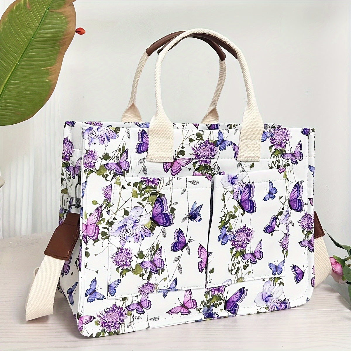 Butterfly Tote Bag For Women Canvas Patched Purse Cute Shoulder Bag Multi-Pocket Satchel Handbag For Work Books Travel, Bag Only