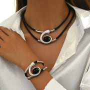 2pcs Women's Boho Black Braided Rope Jewelry Set – Double Row Imitation PU Necklace & Spiral Resin Bracelet – Tribal Style Metal Pipe Design for Parties, Daily & Holiday Wear