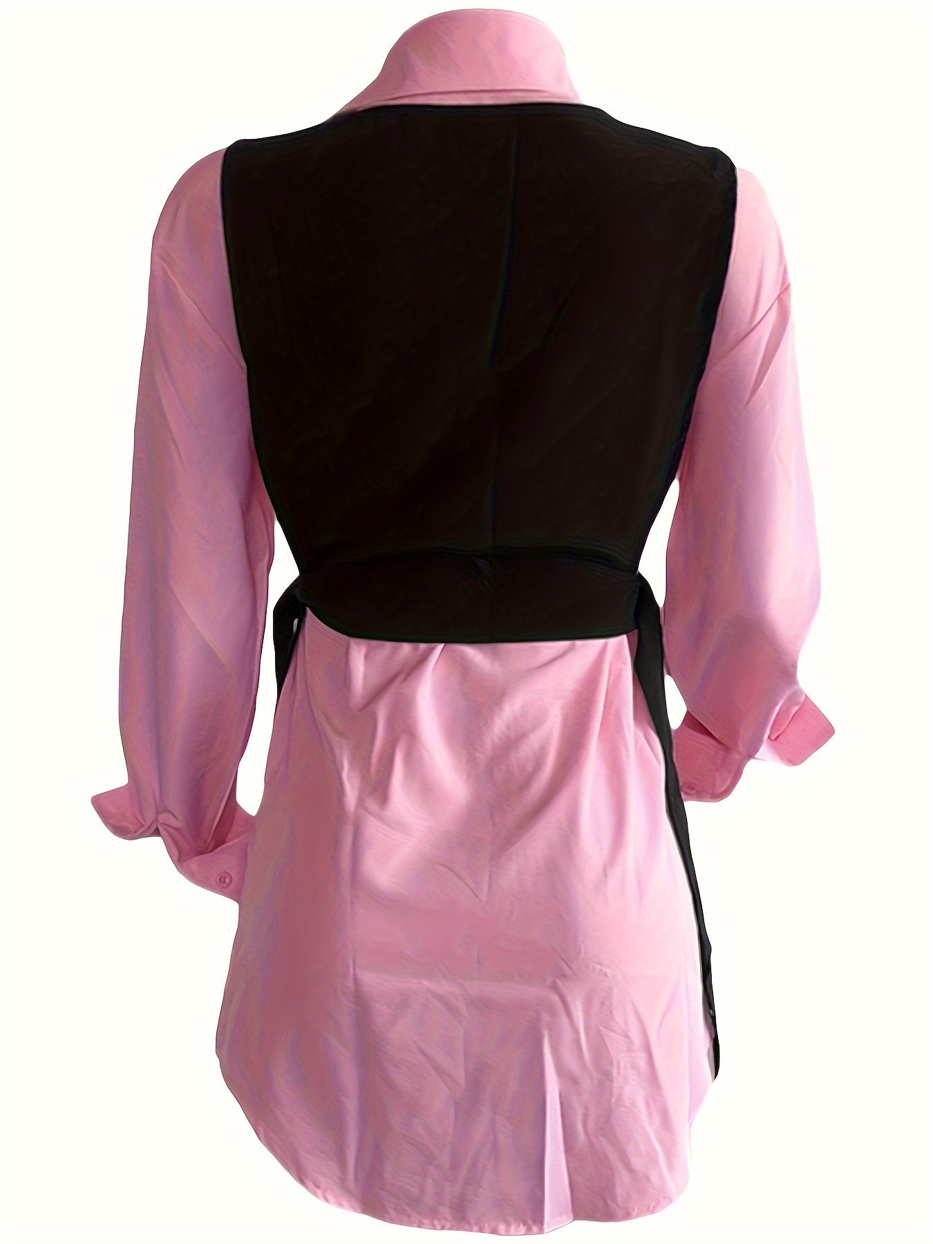 Women's Fashion Casual Shirt Dress Set 180085, Elegant V-Neck, Polyester, Solid Color, Long Sleeve, Open Front, Sleeveless Vest, Regular Fit, Spring/Autumn Season