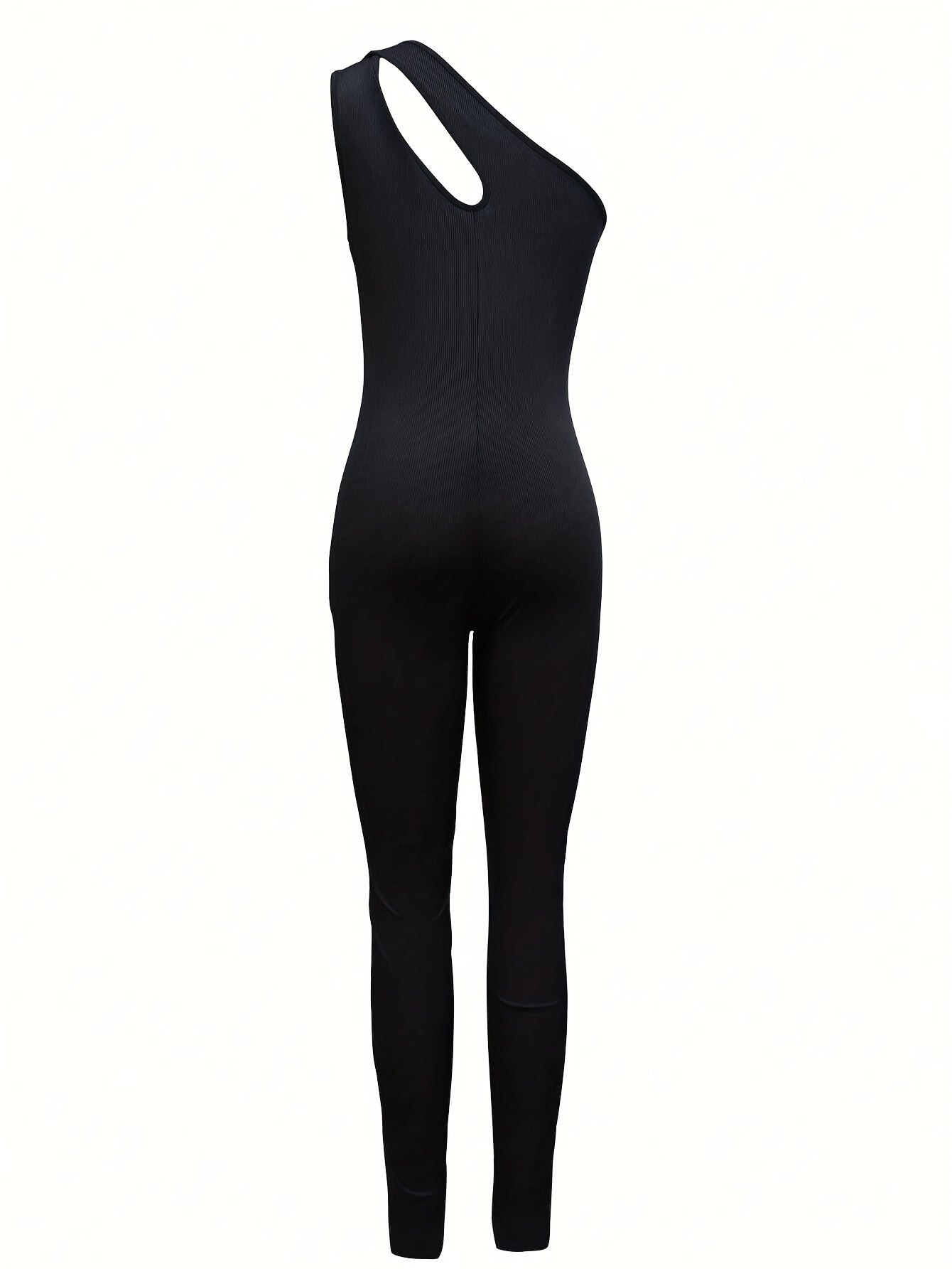 Women's One-Shoulder Cutout Jumpsuit - Stylish Black Ribbed Knit Sleeveless Bodycon for Parties & Casual Outings, Comfortable All-Day Wear, Party Wear | Ribbed Texture | Knitted Fabric