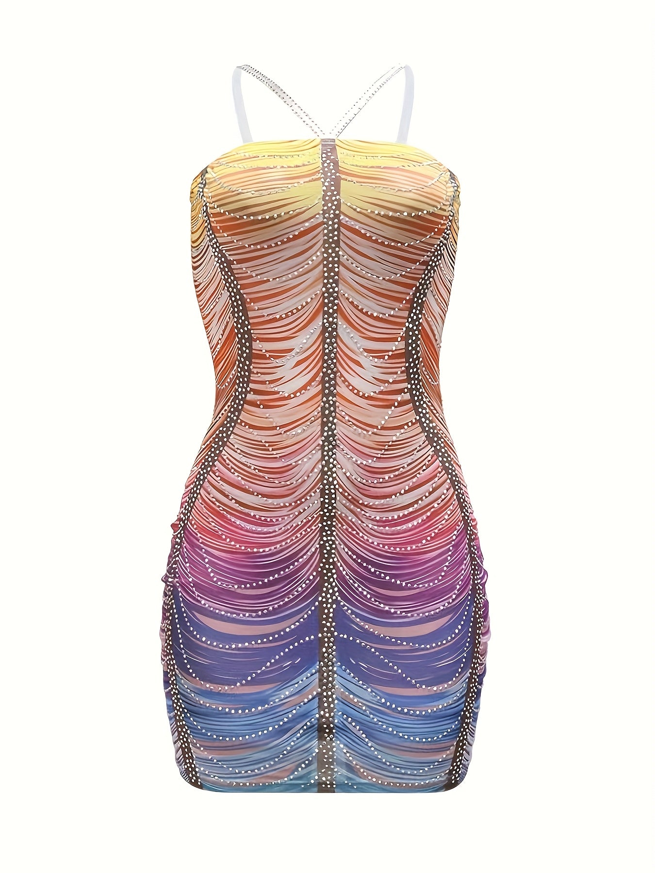 Women'S Vibrant Tie-Dye Mini Dress with Sparkling Embellishments - Casual Spaghetti Strap Bodycon Dress for Spring/Summer, Casual Attire|Vibrant Print Dress|Spaghetti Strap Top, Plus Size Dress