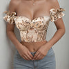 Elegant Vintage Floral Print Backless Ruffle Trim Crop Top with Built-In Bra - Machine Washable, Polyester