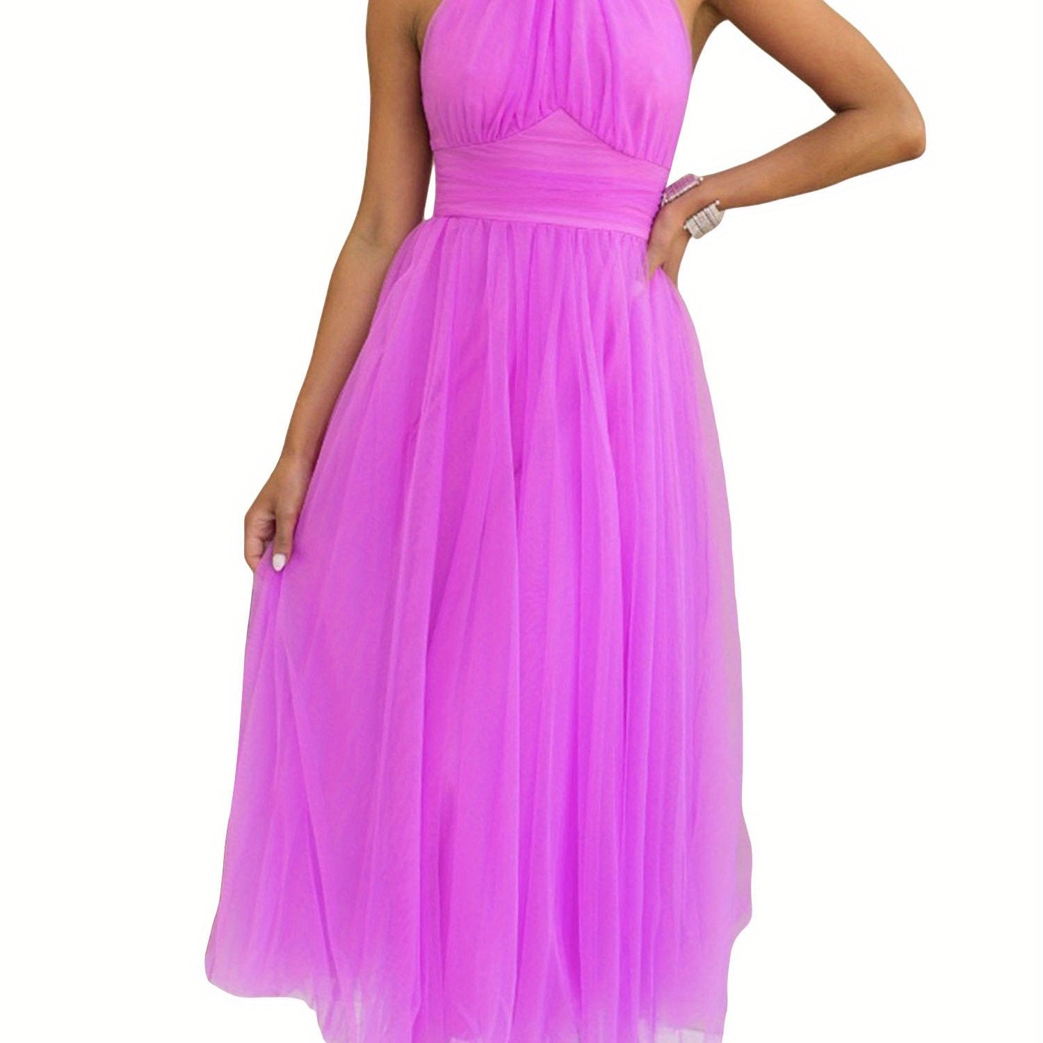 Womens Backless Long Dress Adjustable Tie Halter Neck Tulle High Waist Solid Party Wedding Dress