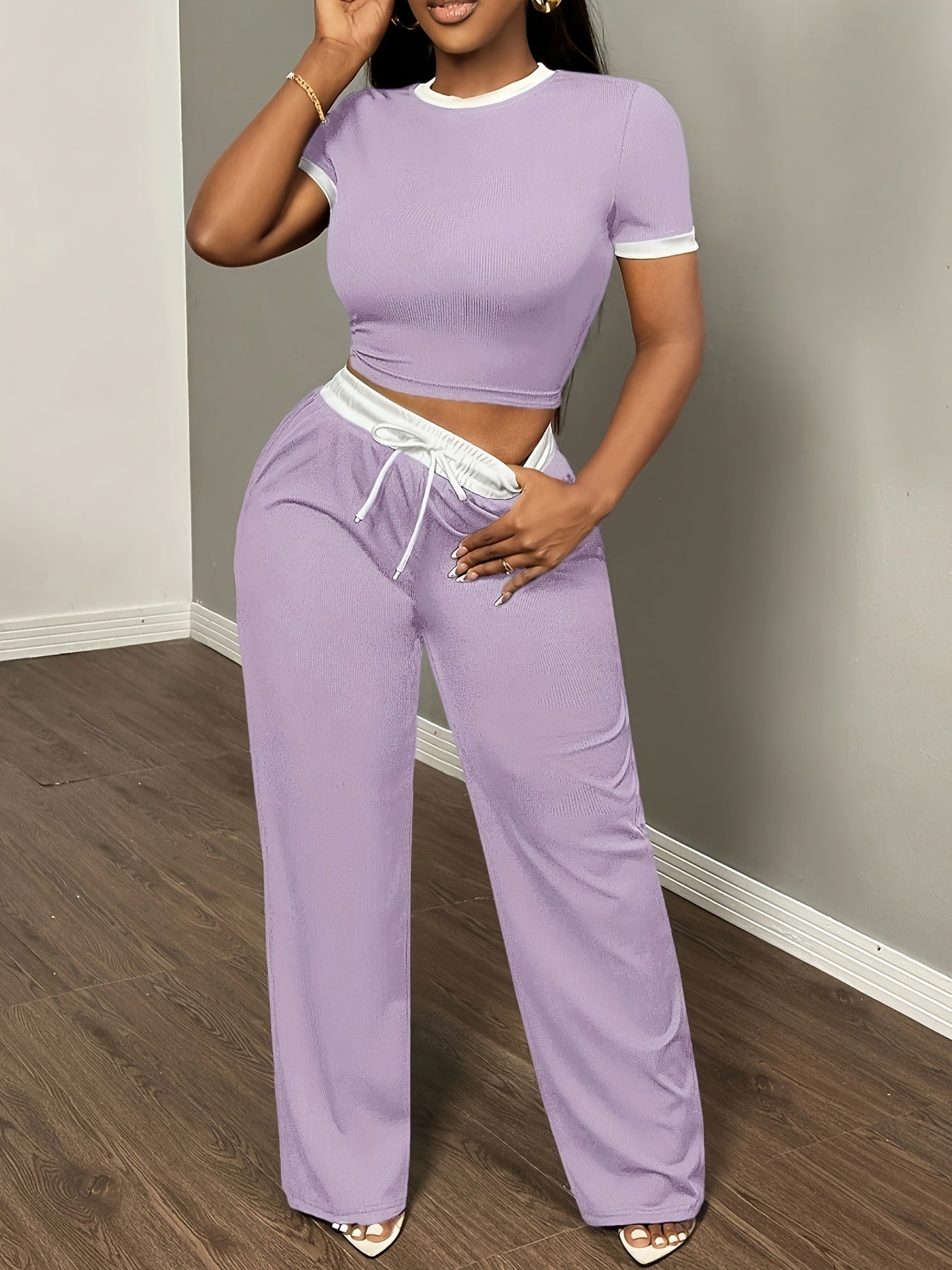 Round Neck Contrast Color Fashion Commuting Wearable Short Sleeve Wide Leg Pants 2pcs Women's Pajama Set
