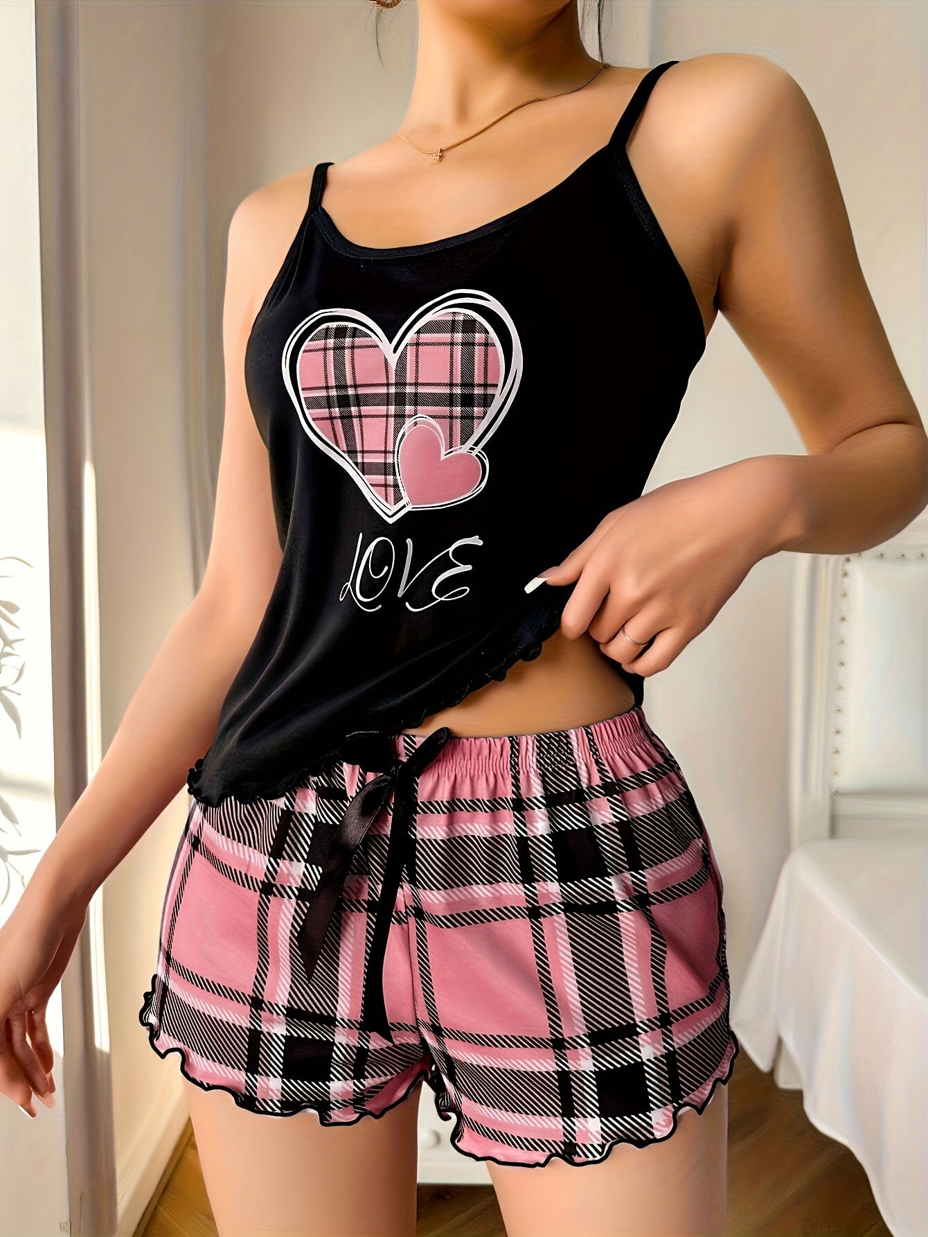 Women's Plaid Heart Print Frill Trim Casual Pajama Set, Round Neck Backless Cami Top & Shorts, Comfortable Relaxed Fit, Summer Nightwear