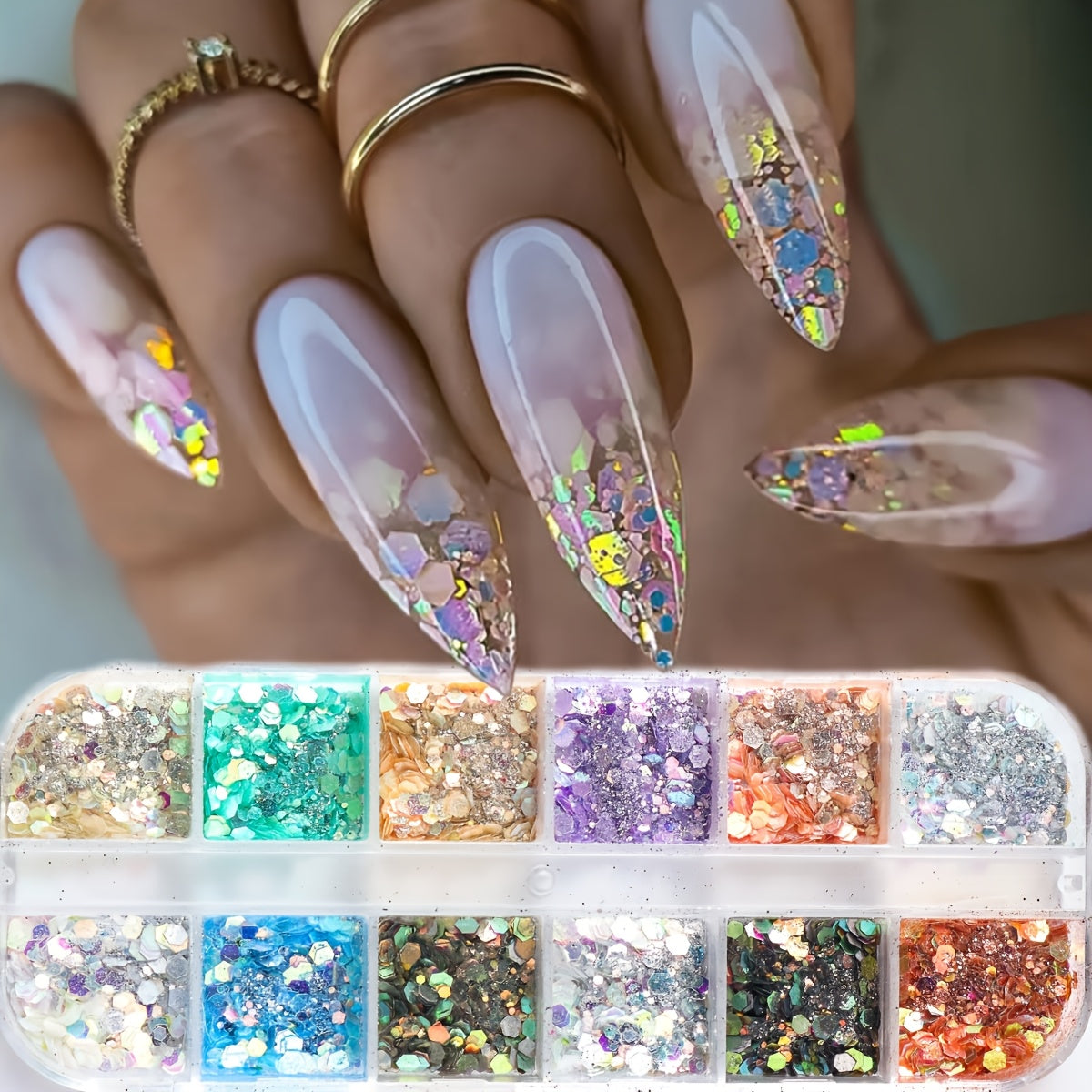 12-Grid Mermaid Iridescent Hexagon Sequins for Nail Art – 3D Holographic Glitter Flakes, Mixed Sizes & Shapes, Sparkly DIY Nail Decorations in Vibrant Colors (Blue, Green, Purple, Pink), DIY Manicure | Holographic Nails | V
