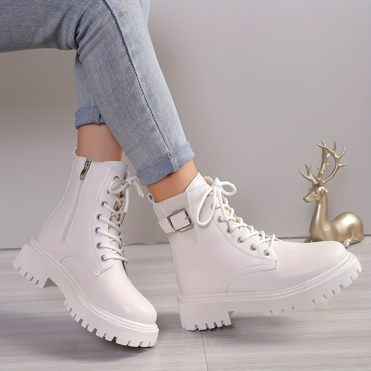 Women'S Fashion Ankle Booties - Mid Heel Platform Boots, Solid Color, Round Toe, Zipper Closure, Man-Made Upper, Fabric Inner & Insole, PU Sole, with Belt Buckle Detail