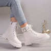 Women'S Fashion Ankle Booties - Mid Heel Platform Boots, Solid Color, Round Toe, Zipper Closure, Man-Made Upper, Fabric Inner & Insole, PU Sole, with Belt Buckle Detail