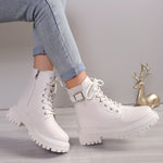 Women'S Fashion Ankle Booties - Mid Heel Platform Boots, Solid Color, Round Toe, Zipper Closure, Man-Made Upper, Fabric Inner & Insole, PU Sole, with Belt Buckle Detail