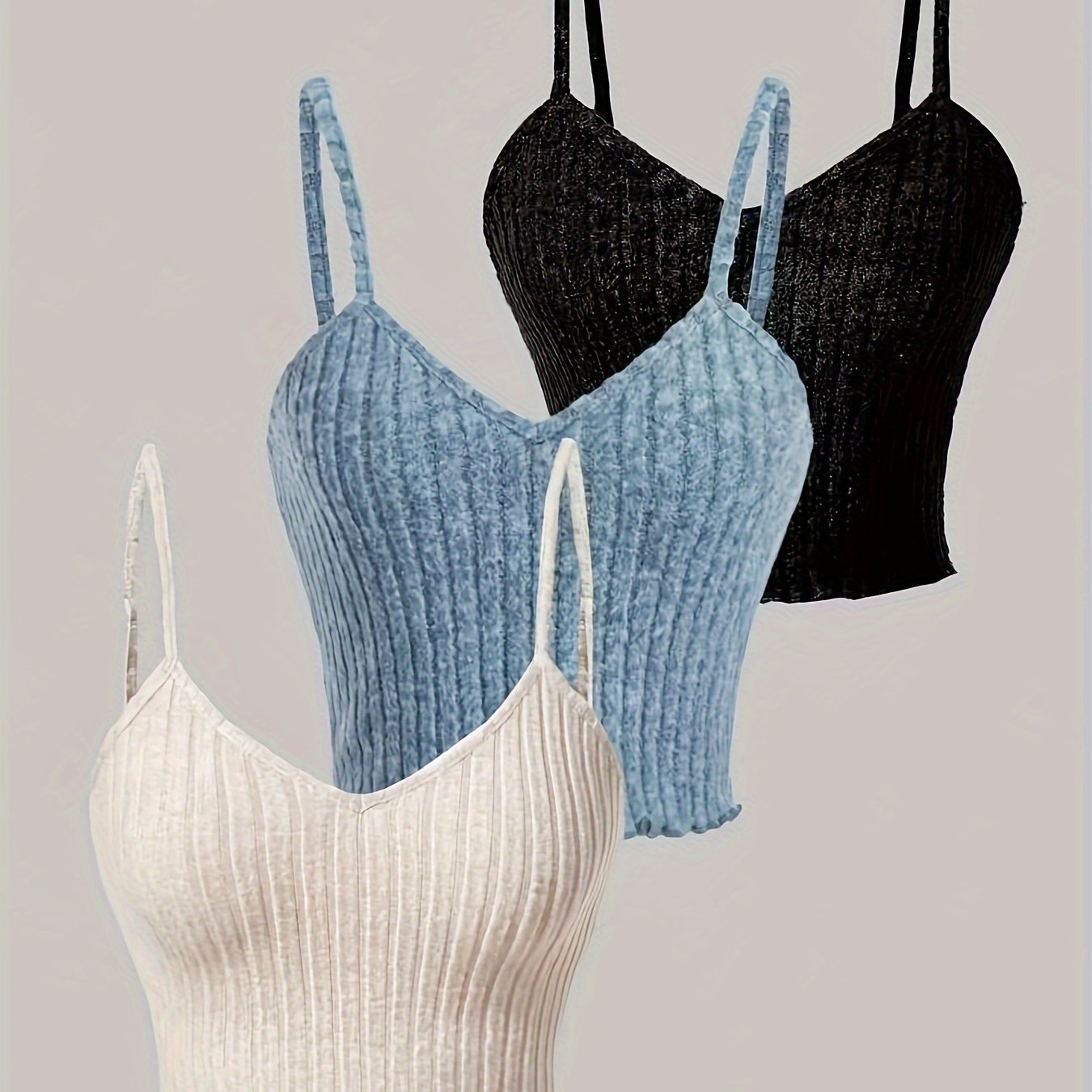 3pcs Ribbed Spaghetti Strap Tank Top, Casual Sleeveless Tank Top For Summer, Women's Clothing