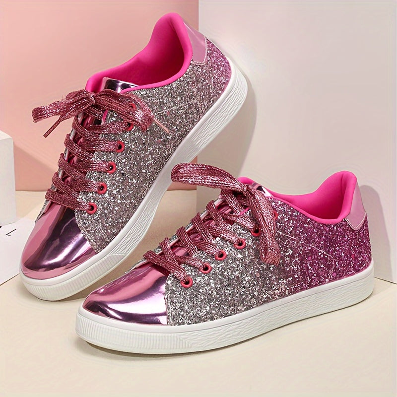 Women's Glitter Sneakers - Casual Athletic Flat Shoes, Fashionable Low Top Lace-up Fashion Skate Shoes - Plus Size - For Women - Suitable for Casual Wear, Sports & Parties - Perfect Gift for Fashionable Women