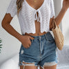 Solid Color Tie Front Cardigans, Vacation Cut Out Short Sleeve Crop Knitted Cardigans Top For Spring & Summer, Women's Clothing
