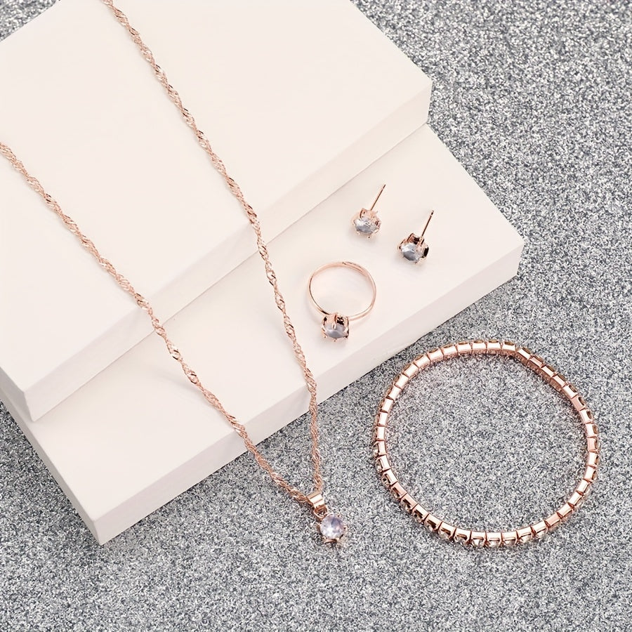 6pcs Elegant Women'S Quartz Watch and Jewelry Set - Round Analog Display, Faux Leather Band, Zinc Alloy Case, Non, Includes Bracelet, Necklace, Earrings, Ring - Perfect Gift for Her Mother