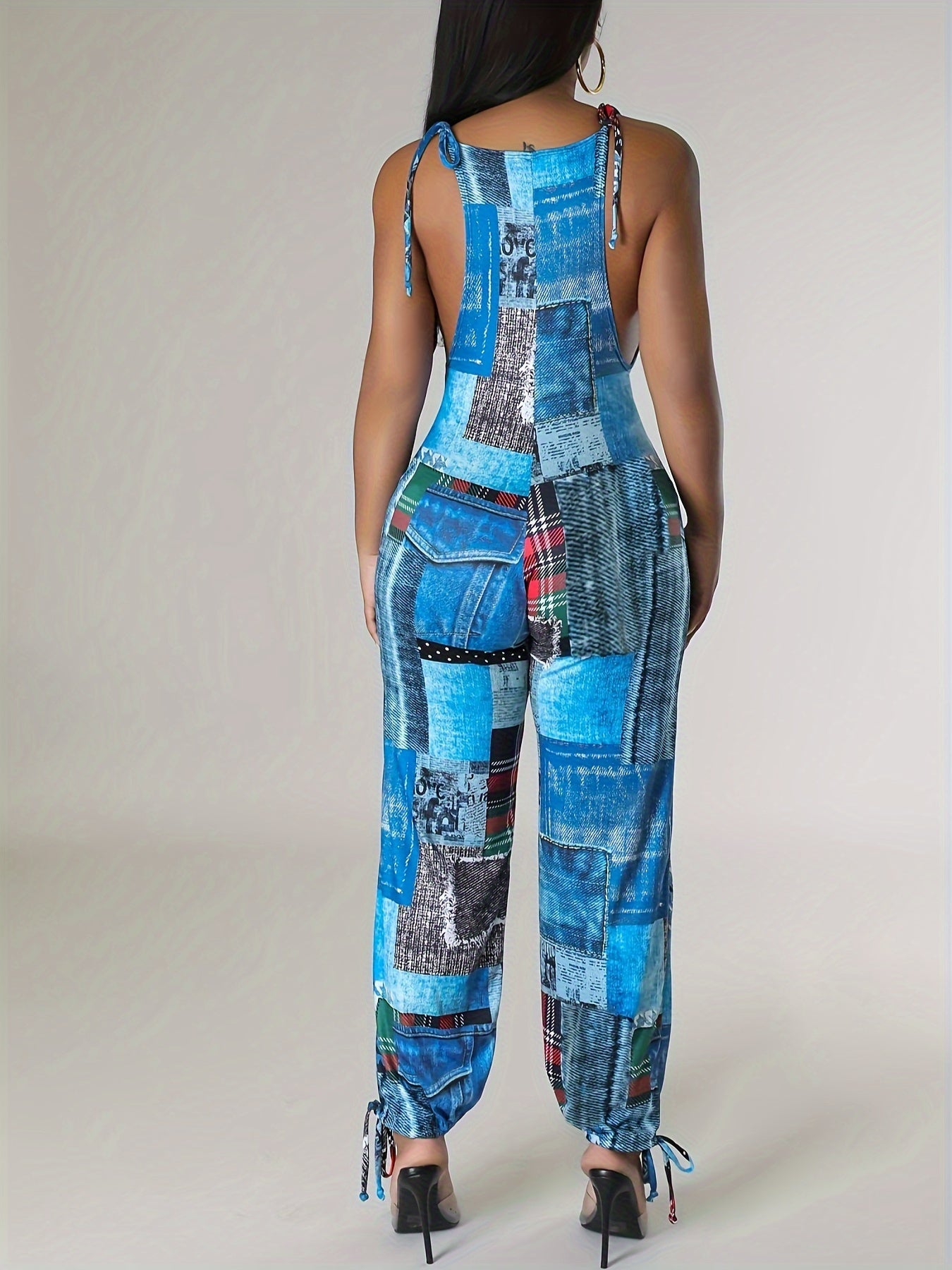 Patchwork Print Faux Denim Print Jumpsuit, Casual Sleeveless Tie Strap Drawstring Jogger Jumpsuit For Spring & Summer, Women's Clothing