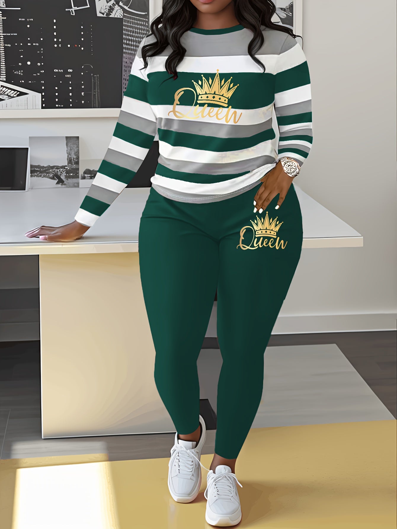 Women's Striped Crown Print Casual Tracksuit Set - Polyester & Elastane Knit Crew Neck Long Sleeve Top with Pants, No Belt - Fall/Winter Cozy Loungewear Suit (1 Top + 1 Pants)