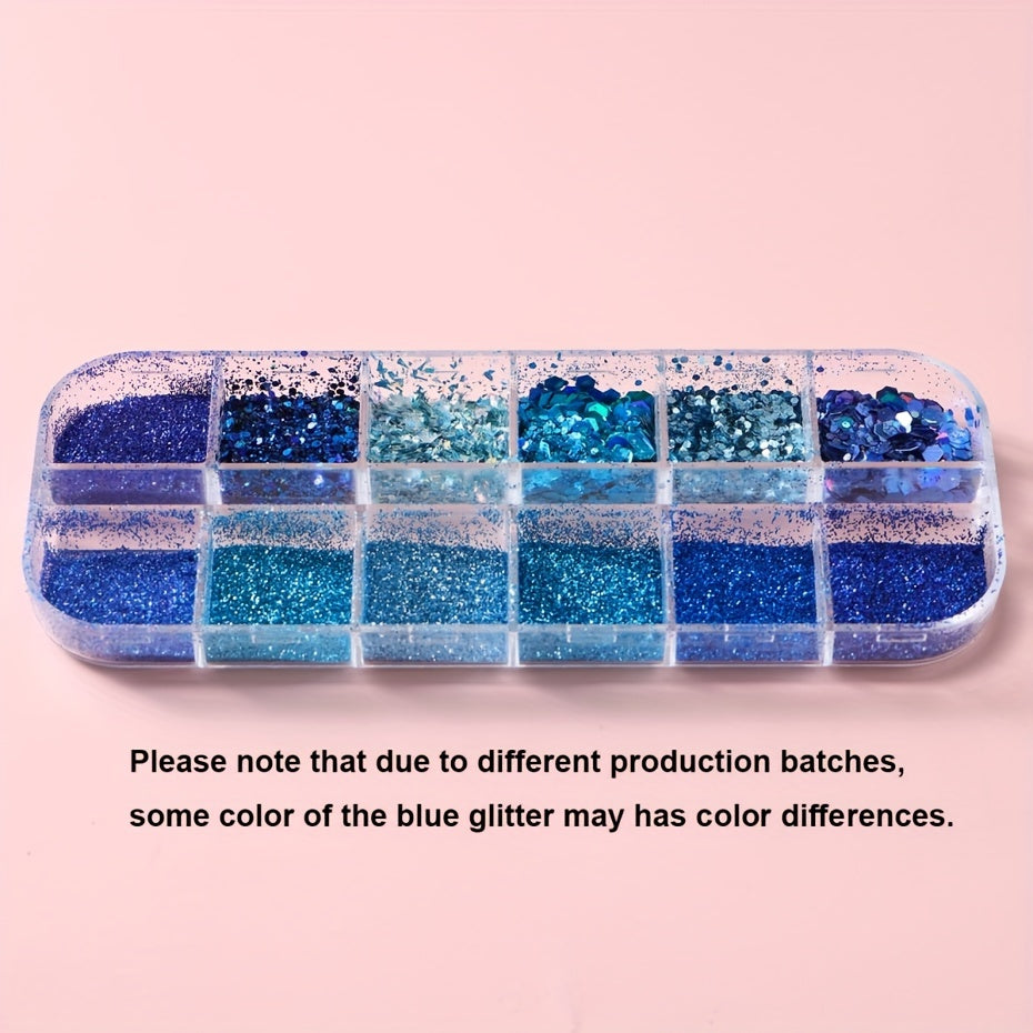 FULL BEAUTY Sparkly Blue Nail Glitter Set: 12 Grids of Shimmering Blue Sequins, Diamond Chrome, Fine Powder, Dust, Chunky Flakes, and Paillettes for DIY Manicure Decoration