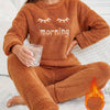 Women's Plush Pajama Set - Casual Crew Neck Long Sleeve Embroidered Alphabet Pattern - Winter Warm Teddy Fleece Lounge Sleepwear, Polyester Knit Fabric - For Women - Perfect for Cozy Nights & Relaxation - Ideal Gift for Her