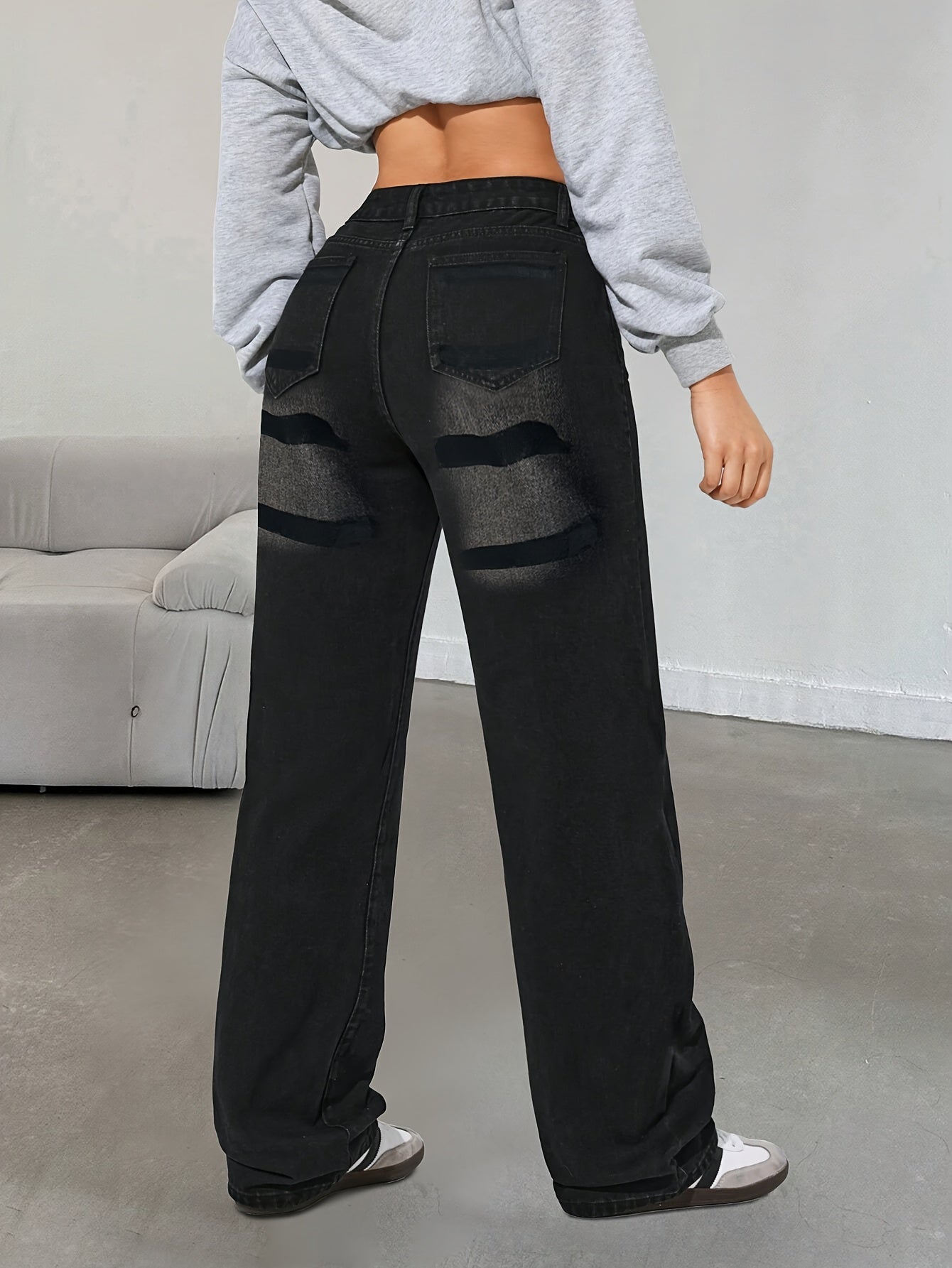 Women's Straight Leg Loose Jeans with Striped Detail - Mid-Rise, Black Denim, Casual Streetwear for Parties, Hip-Hop Style, Machine Washable